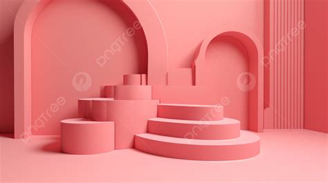 Ruang Merah Muda Dengan Tangga Dan Lengkungan Desain Podium Pink 3d