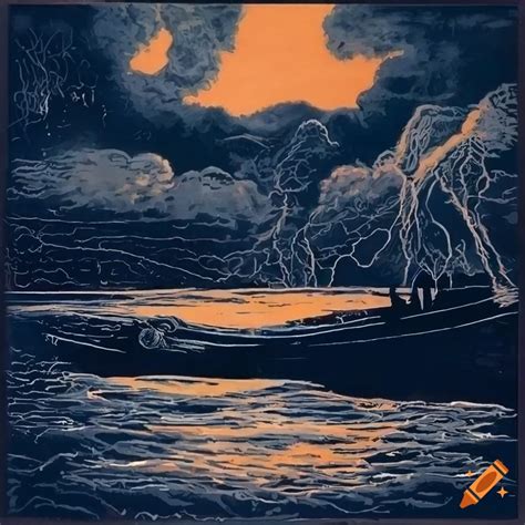 Linocut Art Of Storm Clouds And Lone Boat At Sunset