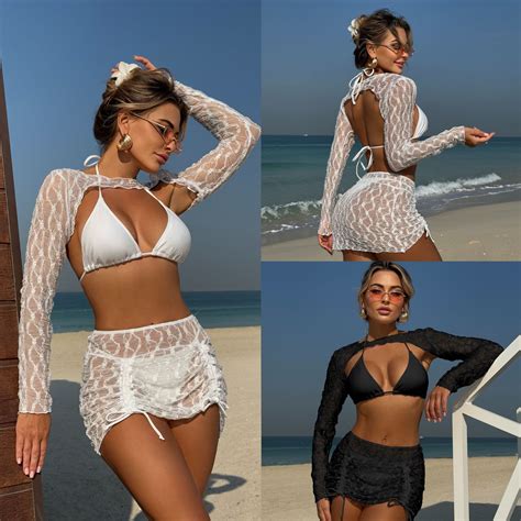 Churchf 2025 New Solid Color Special Mesh Four Piece Beach Swimsuit Sexy Bikini