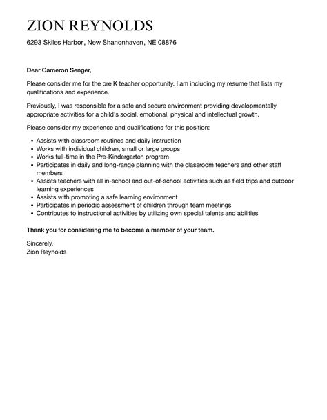 Pre K Teacher Cover Letter Velvet Jobs