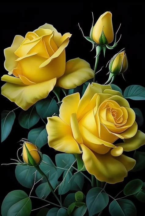 Three Yellow Roses With Green Leaves On A Black Background