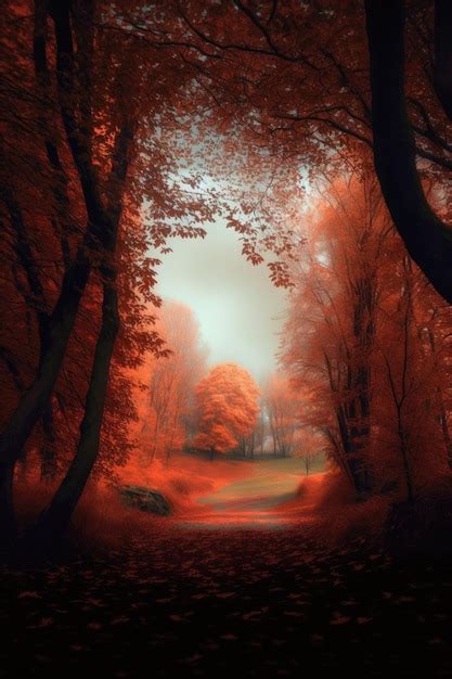 Premium Photo | Forest scenery and trees with red leaves created using ...