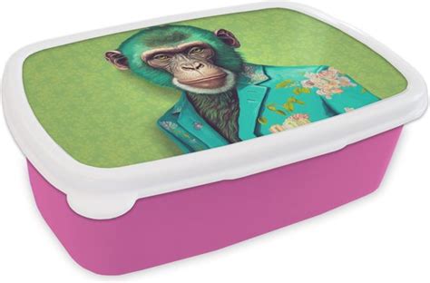 Broodtrommel Roze Lunchbox Brooddoos Aap Colbert Bloemen