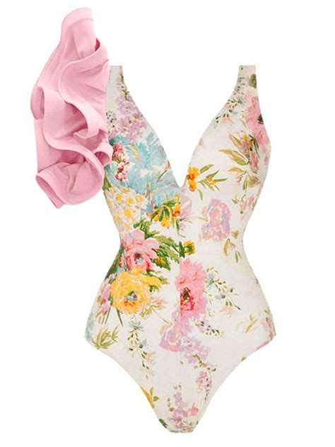 Fashion Floral Print Ruffle One Piece Swimsuit And Cover Up