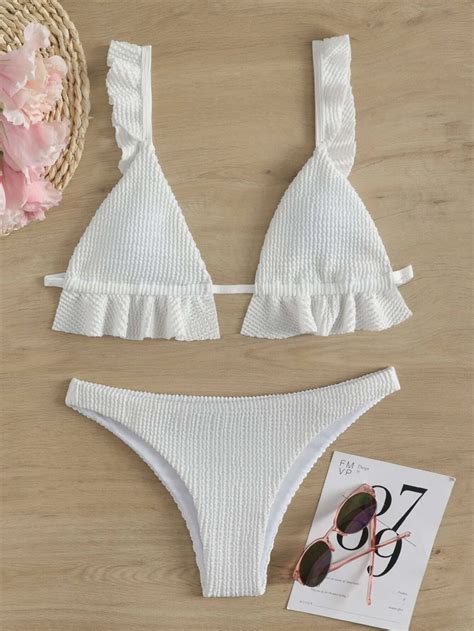 Shein Swim Textured Bikini Set Ruffle Trim Triangle Bra And High Cut