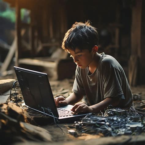 Un niño codificando una computadora casera enfoque y dedicación en las