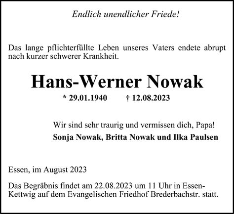 Traueranzeigen Von Hans Werner Nowak Trauer In Nrw De