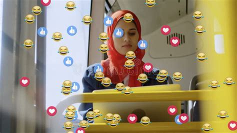 Animation Of Falling Social Media Icons And Emojis Over Woman In Hijab