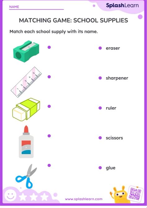 Matching Game School Supplies — Printable Ela Worksheet