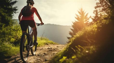 Premium AI Image | Woman cyclist cycling on mountain top forest trail