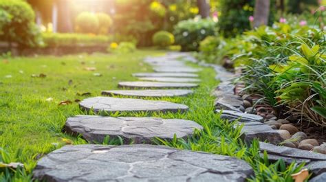 Premium Photo Garden Stone Path With Grass Growing Up Between The