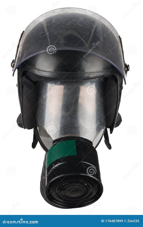 Riot Police Helmet With Protective Glass And Gas Mask On Manikin Head