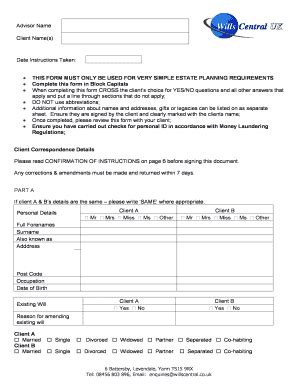 Fillable Online Willscentral Advisor Co This Form Must Only Be Used For