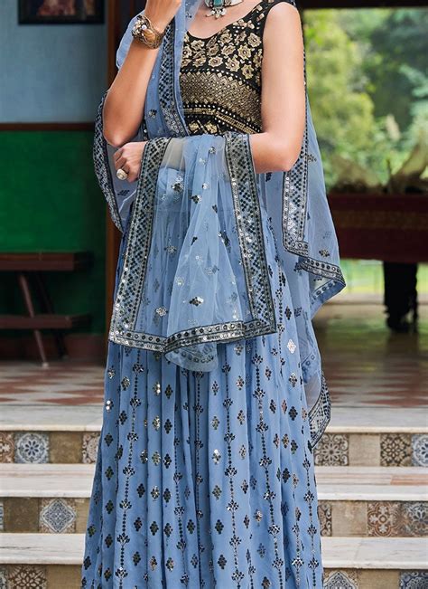 Shop Blue Georgette Sequins Embroidery Umbrella Lehenga Party Wear