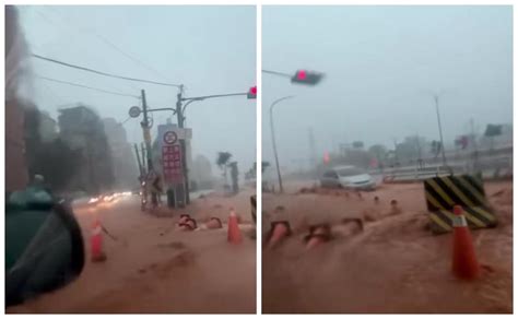 台中暴雨「馬路變紅河」影片曝光！ 網哀號：機車根本到不了