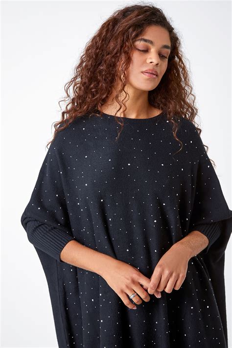 Black Sparkle Embellished Tassel Poncho Roman UK