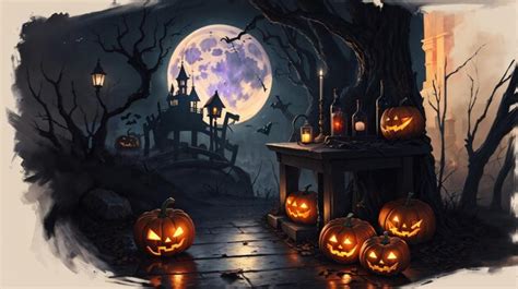 Premium AI Image | A Painting Of A Halloween Scene With Pumpkins