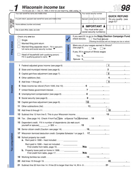 Fillable Form 1 Wisconsin Income Tax Wisconsin Department Of Revenue 1998 Printable Pdf