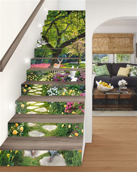 Flfk Forest Waterfall Stair Stickers Vinyls Peel And Stick Wx H