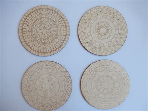 Mandala Coloring Set. 4 Laser Cut Wood Shapes for Adult