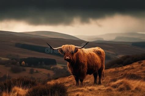 Large Highland Cattle In A Meadow In Top Of A Hill Beautiful Dramatic