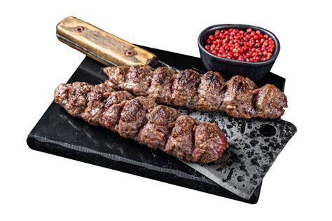 Urfa Kebab Ground Beef And Lamb Meat Grilled On Skewers Isolated On