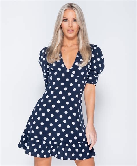 Navy Blue White Polka Dot Puff Sleeve V Neck Mini Dress Mini Dress