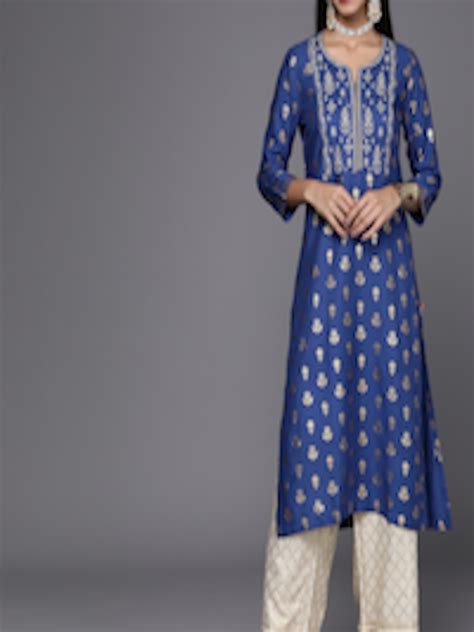 Buy Biba Women Blue And Golden Ethnic Motifs Printed Thread Work Kurta