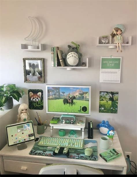 Cozy Green Desk Set Up In 2024 Bedroom Setup Game Room Design Room Setup