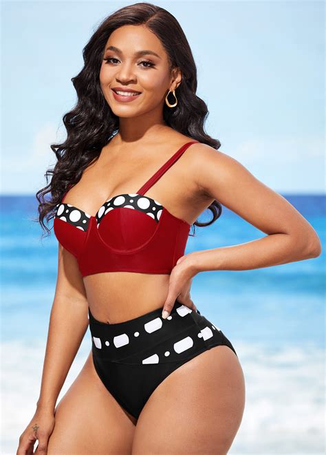 Color Block High Waisted Polka Dot Bikini Set Rosewe Usd