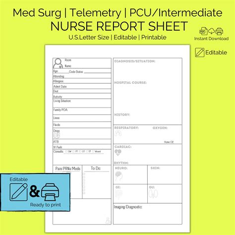 Nurse Report Sheet Editable Printable Med Surg Pcu Acute Etsy Canada