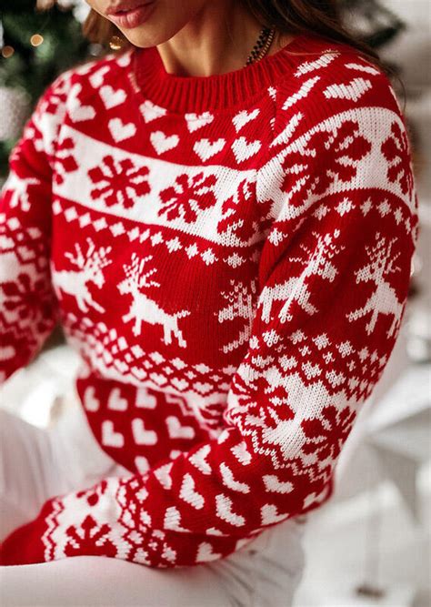 Christmas Reindeer Snowflake Heart Knitted Sweater Red Bellelily