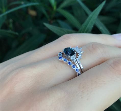 0 90ct Dark Blue Sapphire Engagement 3 Piece Ring Set Genuine Oval