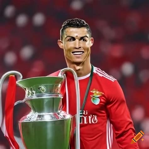 Cristiano Ronaldo With A Benfica Shirt Holding A Champions League