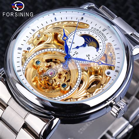 Forsining White Golden Skeleton Wrist Watches Silver Stainless Steel