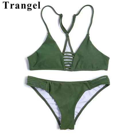 Trangel Green Solid Bandeau Swimwear Women Bikini Set Hollow Out Swimsuit Padded Push Up Bathing