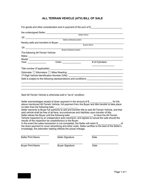 Printable Bill Of Sale For Atv