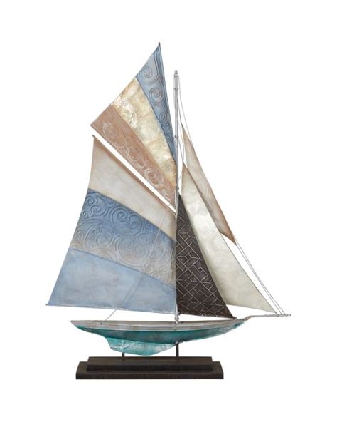 Metal Capiz Art Battened Sails Boat On Stand