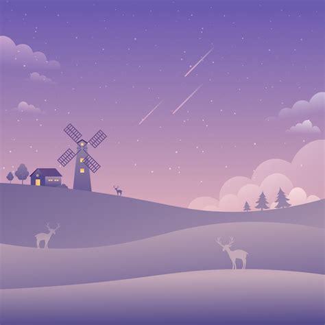 Premium Vector Windmill Purple Sky Landscape Falling Stars Nature