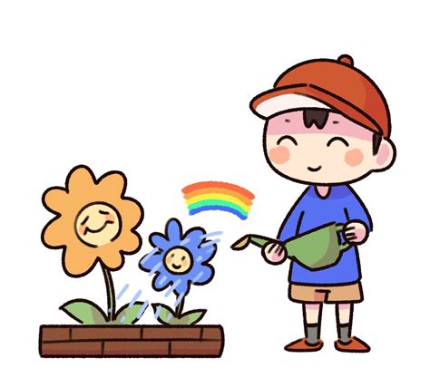 花壇の花に水やりをする男の子|イラスト
