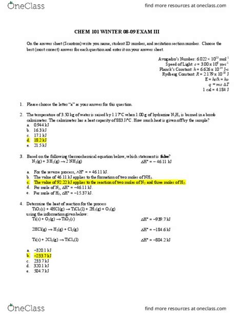 CHEM 101 Midterm CHEM 101 Drexel CHEM 101 Exam 3 WINTER 08 09 With