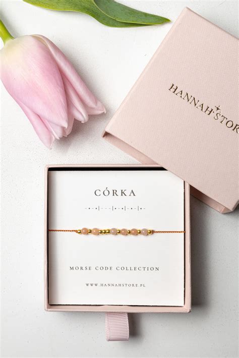 Bransoletka CÓRKA kodowana Alfabetem Morse a Nude z kamienia słonecznego Sklep internetowy