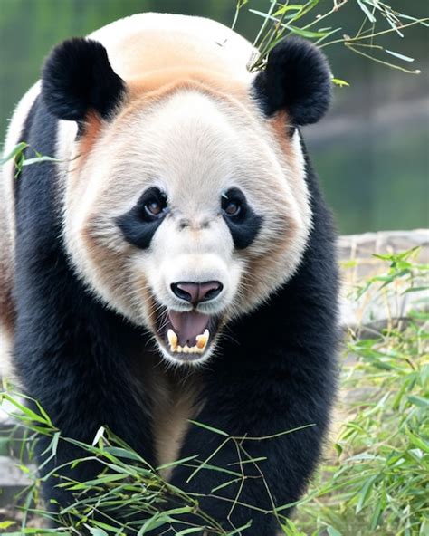 Oso panda gigante comiendo bambú en el bosque Foto Premium