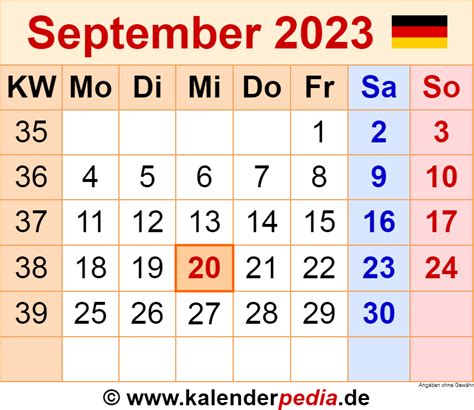 Kalender September 2023 Als Pdf Vorlagen