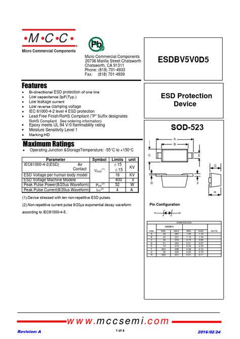 ESDBV5V0D5 Datasheet Pdf MCC