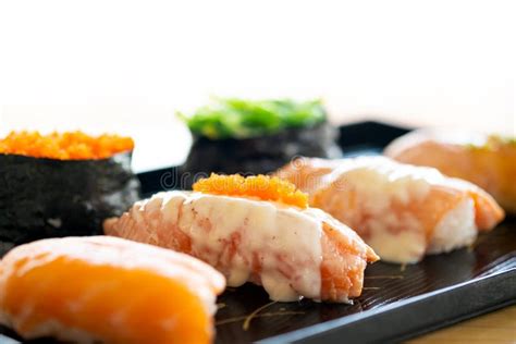 Traditional Japanese Nigiri Sushi With Salmon And Various Seafood