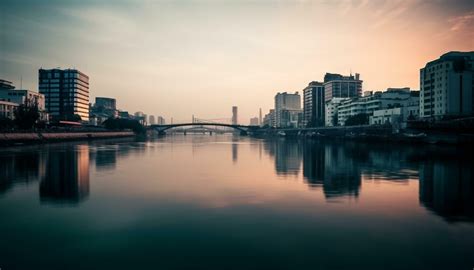 The Illuminated City Skyline Reflects On The Waterfront At Dusk