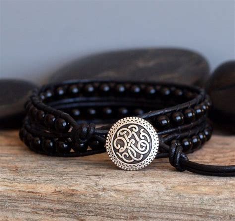 Obsidian Gemstone Beaded Leather Double Wrap Bracelet T Etsy