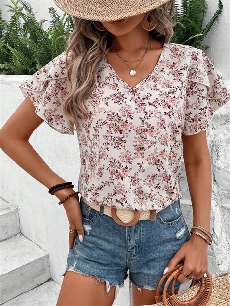 Impressão Floral Allover Manga Pétala Blusa SHEIN Brasil