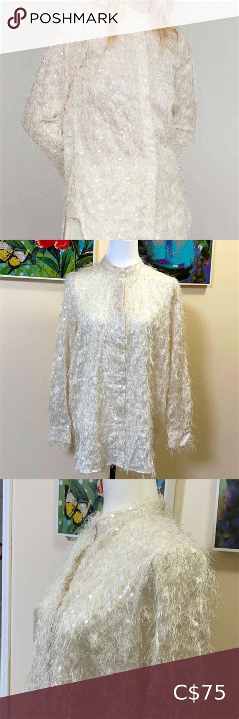 New Leandra Medine X Mango Off White Feather Sequin Button Up Shirt Us